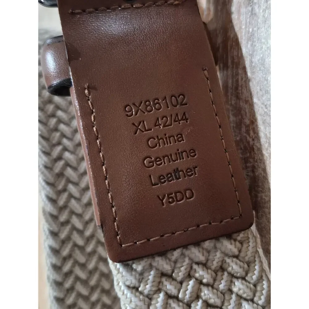Men's Woven Stretch Belt Beige Tan Brown Leather Trim XL 42-44